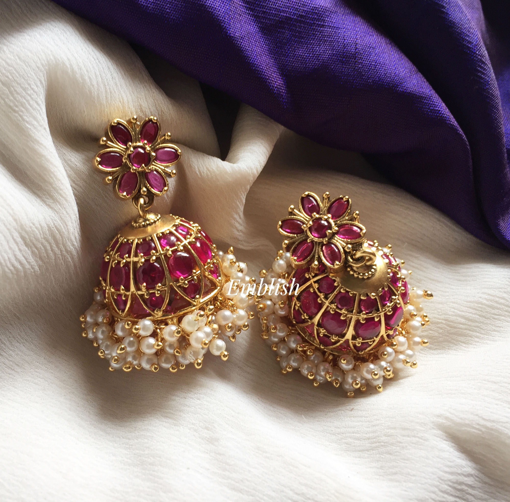 Red stone and pearl outlet jhumkas